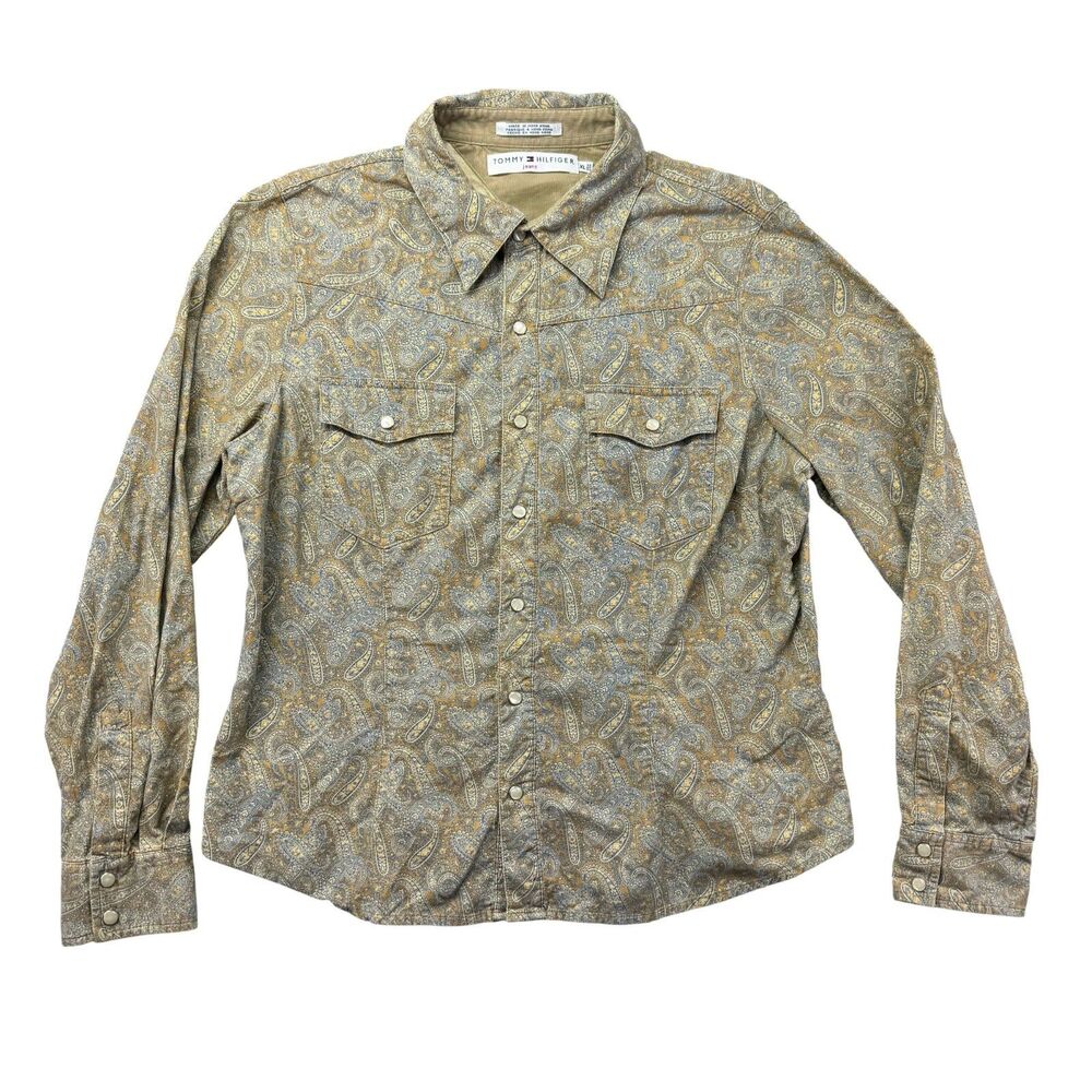 Tommy Hilfiger Shirt Womens XL Tan Long Sleeve Paisley Pearl Snap Button Vintage